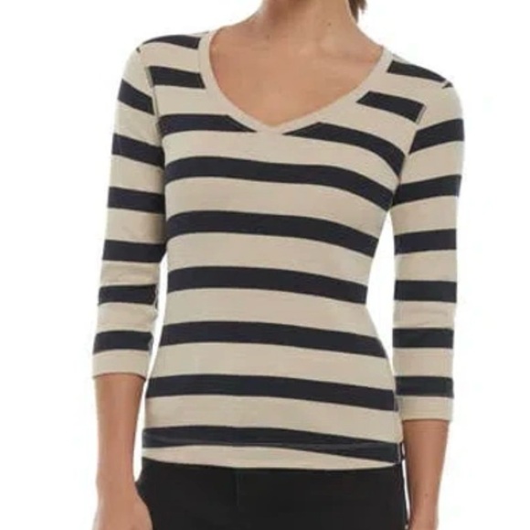 Three Dots Women’s Long Sleeve V-neck Striped 3/4 Sleeve Cotton Shirt Size Small - Picture 1 of 14